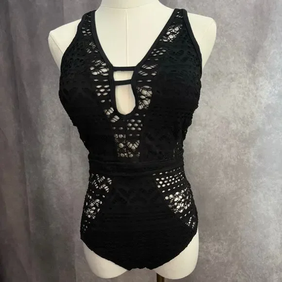 Black XL Cutout Crochet One-Piece Swimsuit with Tie Back and lace look NWT - Picture 7 of 12